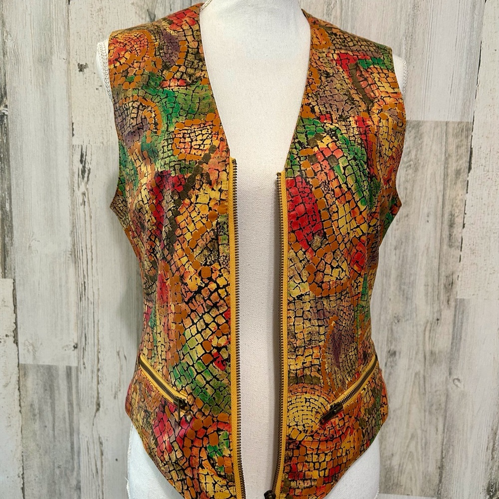 Big Dragon brand Red and Green Patchwork Vest with Ornate Design